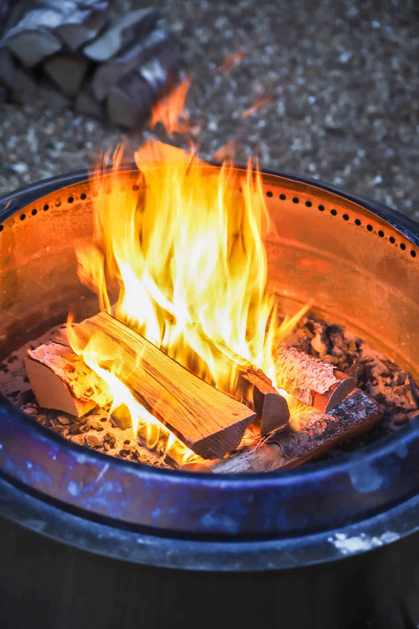 closeup fire in a solo stove fire pit.