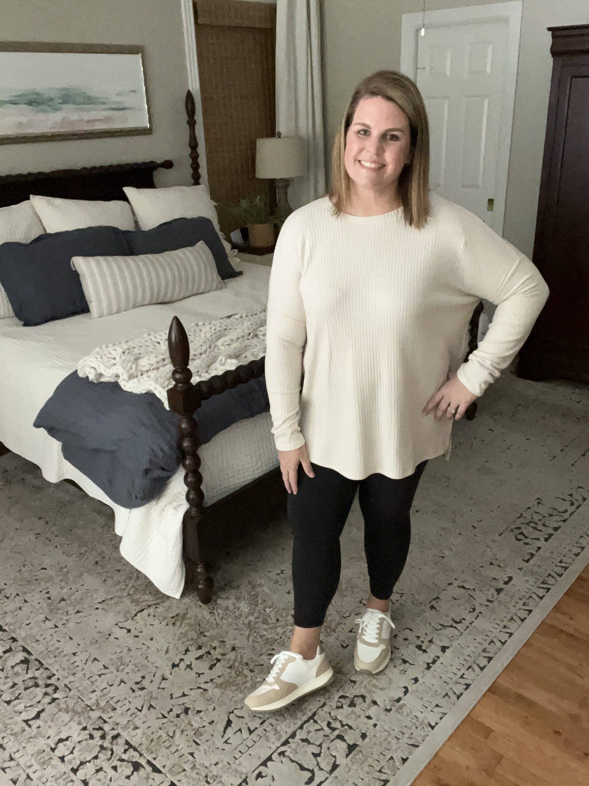casual fall tunic with leggings and running shoes