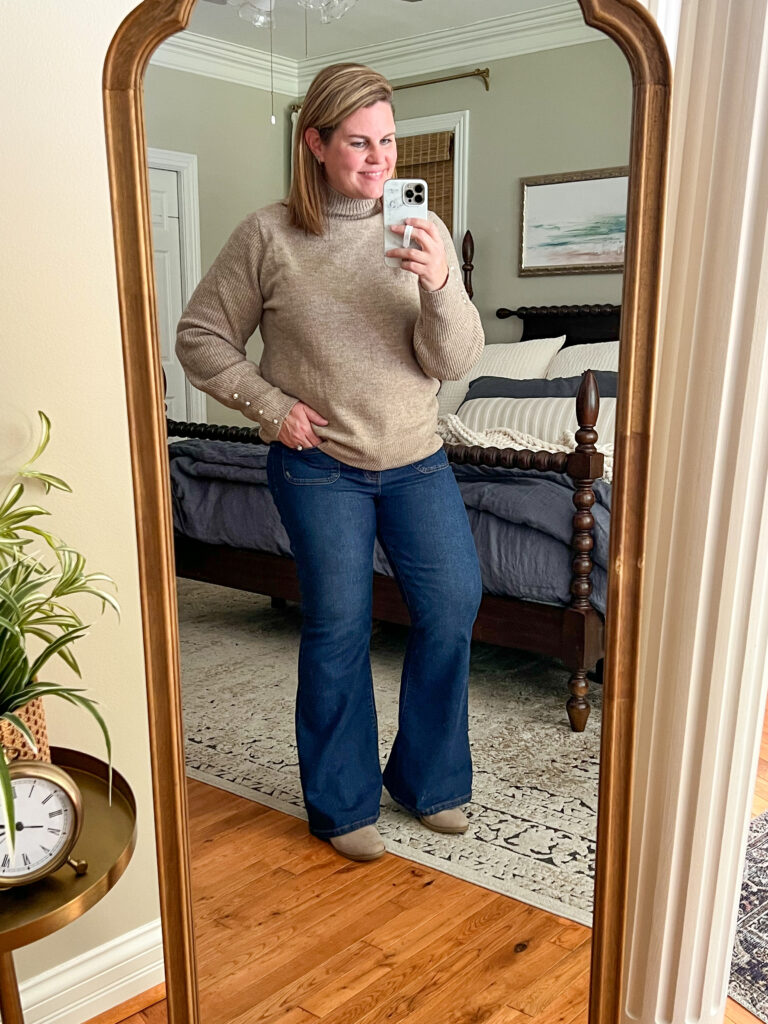 flare jeans, mock turtleneck sweater and booties