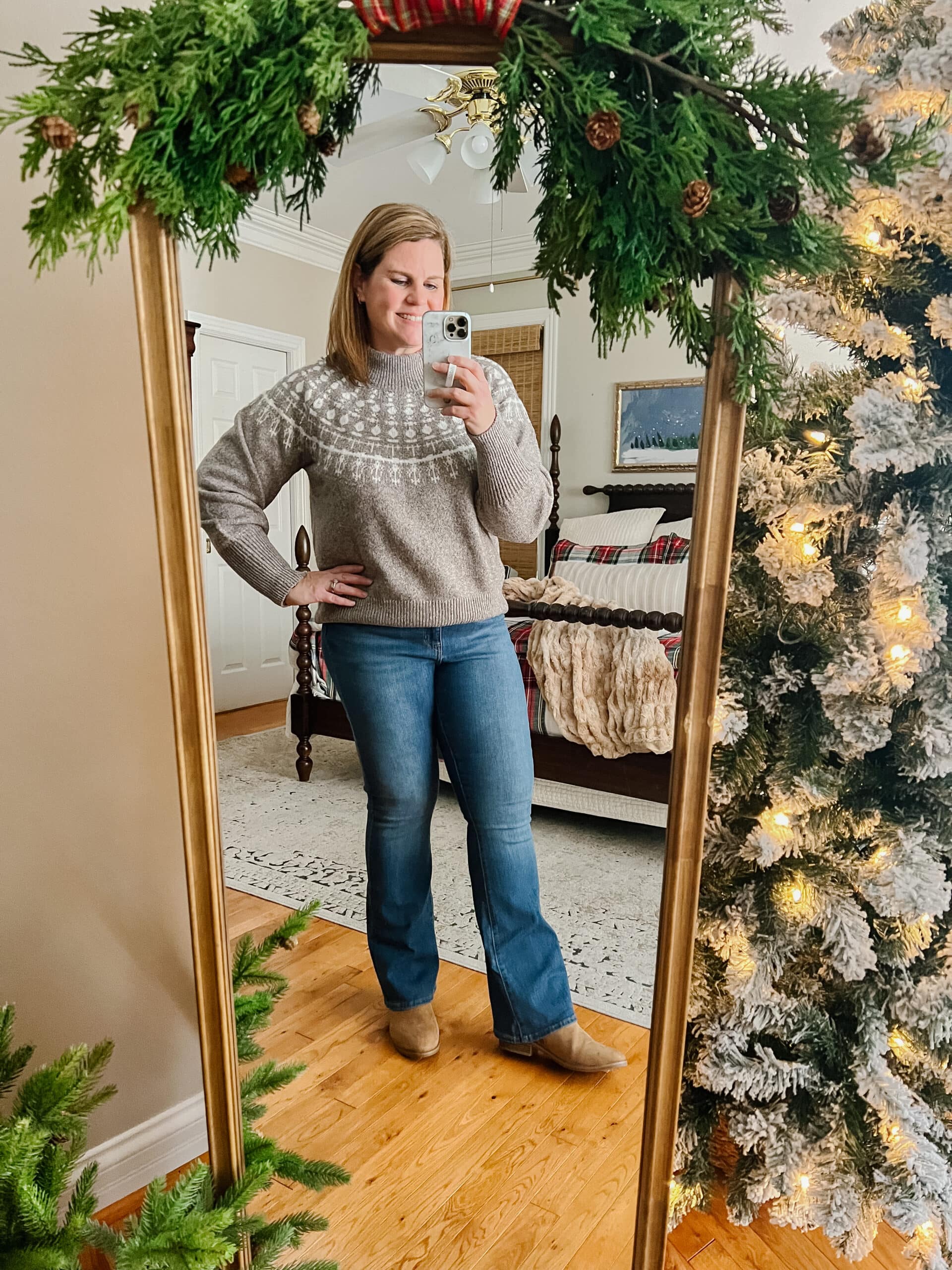 fair isle sweater with bootcut jeans and ankle boots

