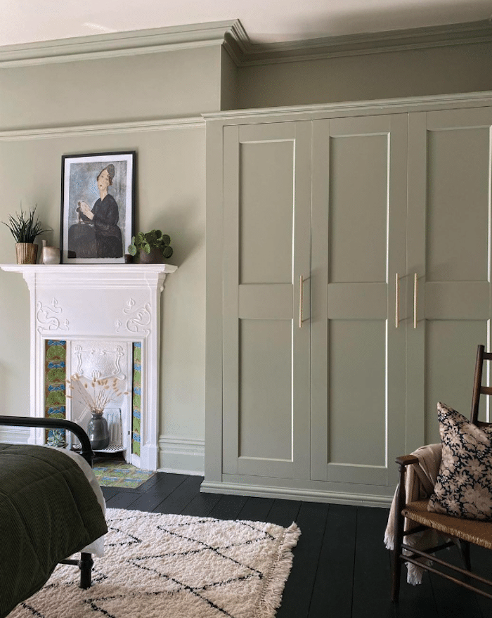 Farrow & Ball French Gray painted built-in cabinets