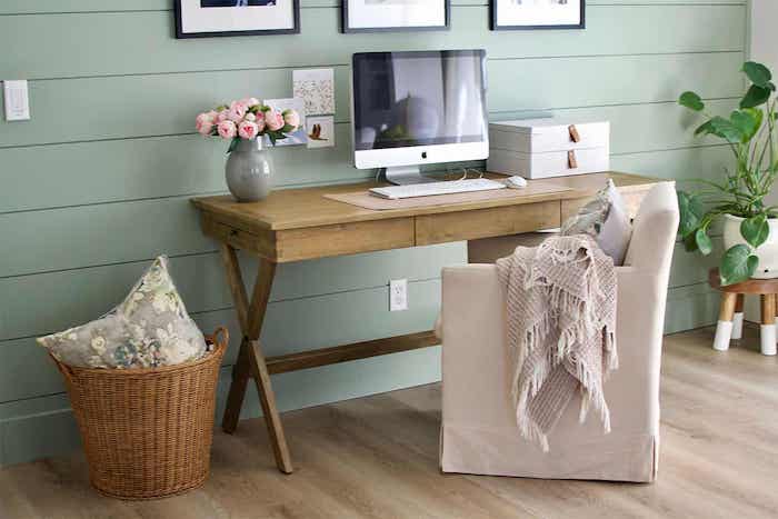 desk area with shiplap on the walls painted Sherwin Williams Coastal Plain.