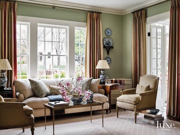 formal living room with Benjamin Moore Saybrook Sage painted walls