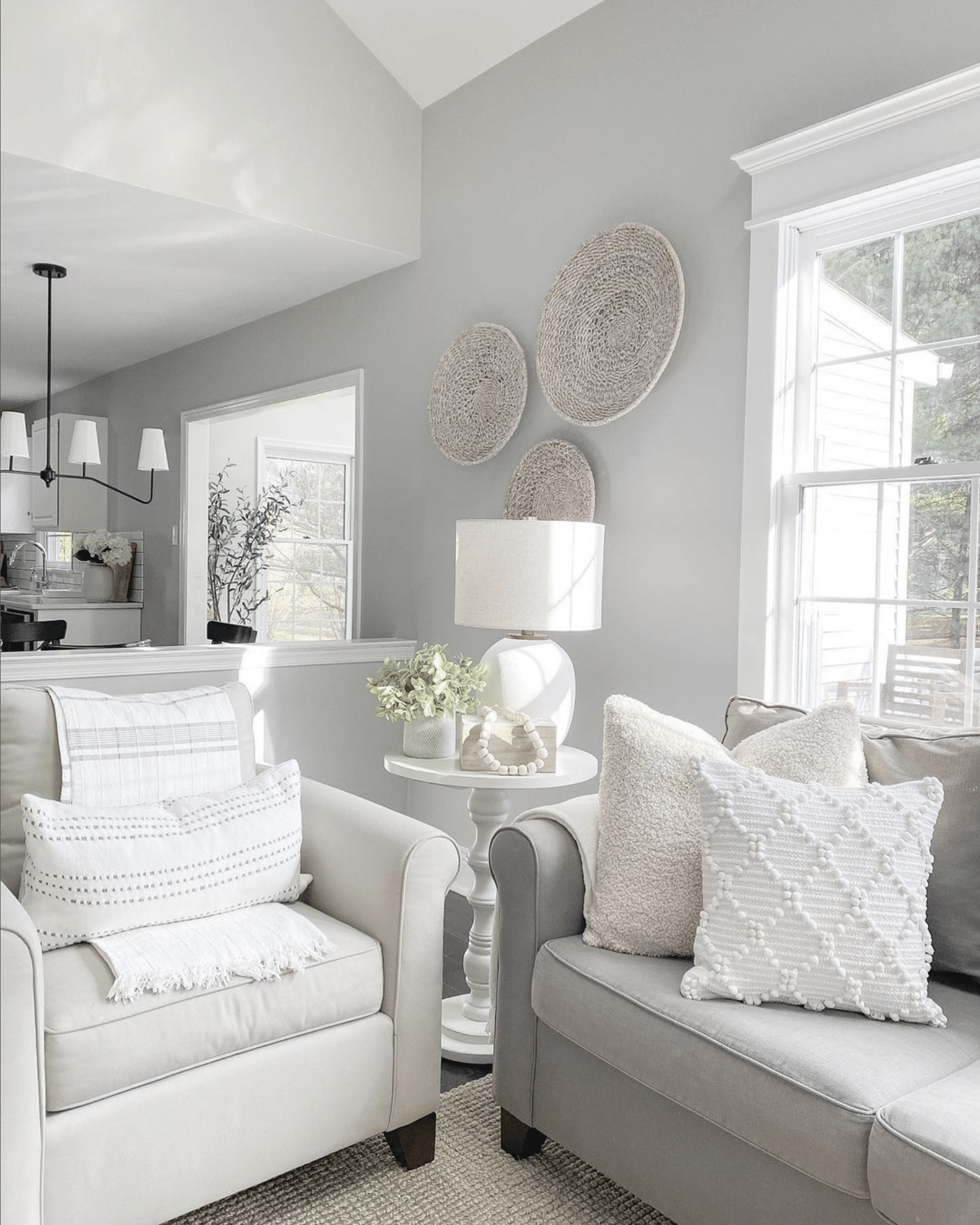 Stonington Gray living room walls with neutral sofas and baskets hanging on the walls.