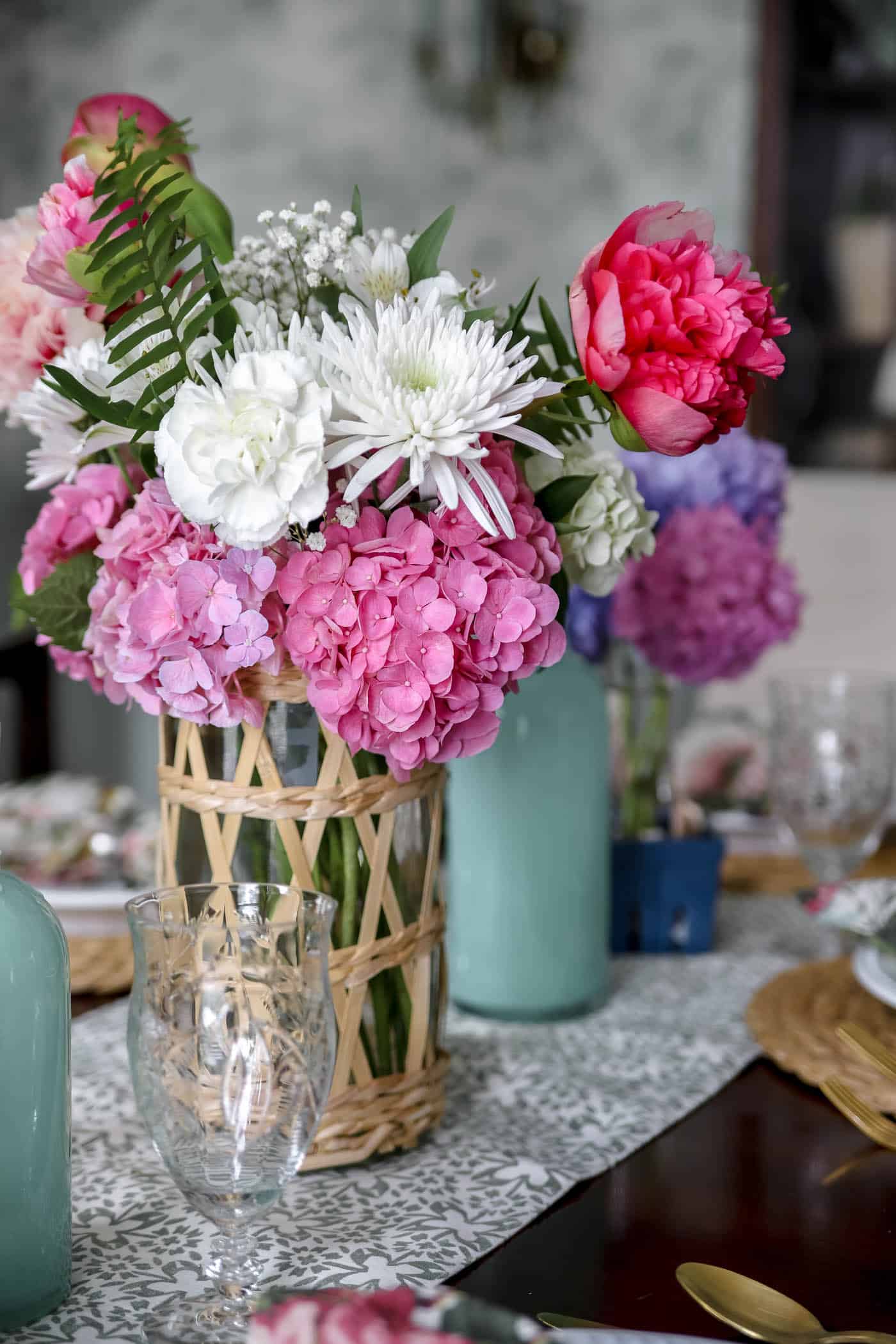 beautiful hydrangeas, peonies and lilies for summer table centerpiece.