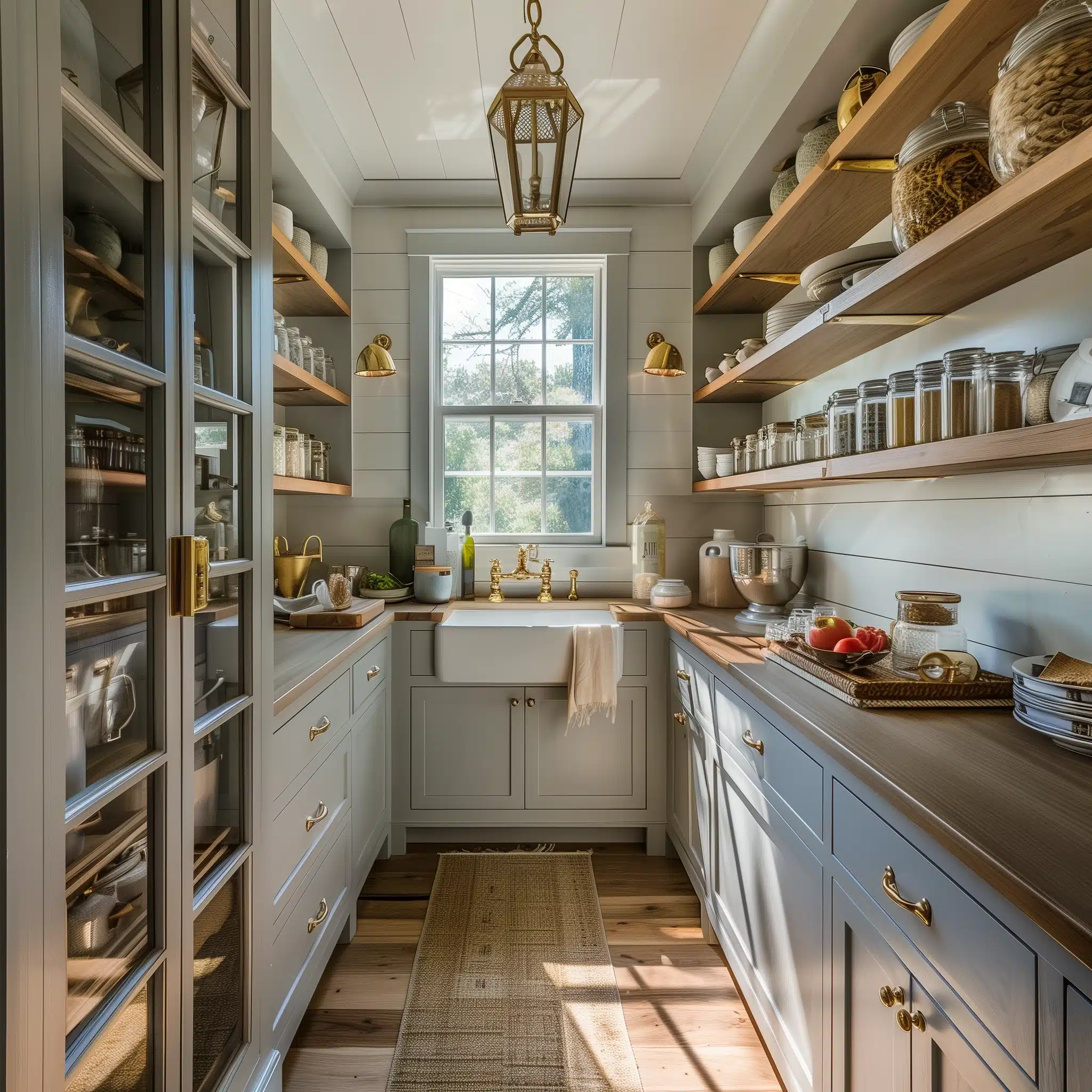 The cabinet color, natural light, natural woods and sturdy shiplap bring cozy, coastal warmth to this scullery.