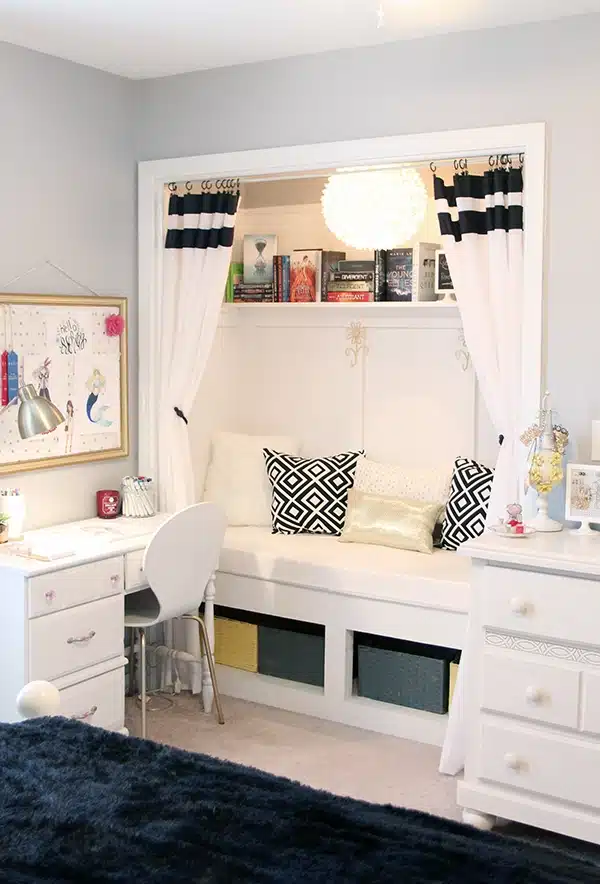 closet conversion into a reading cubby