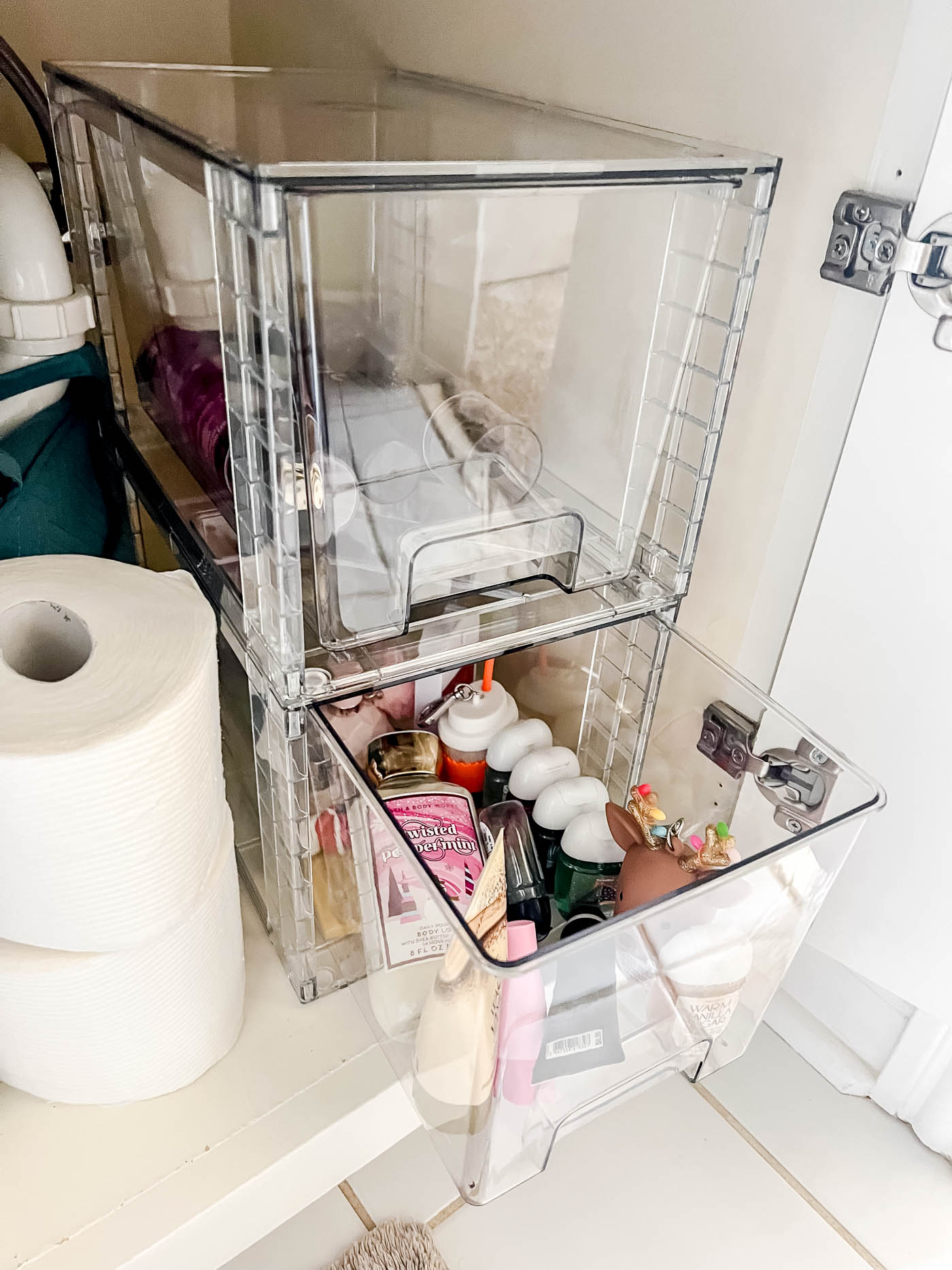 under the bathroom sink storage stacking bins