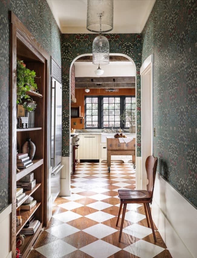 kitchen with wood checkered floors.