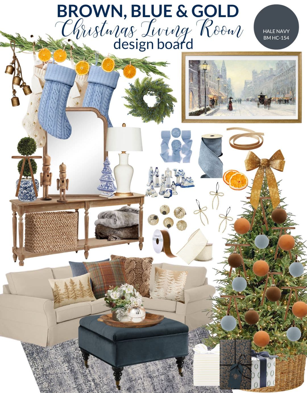 gold, brown and blue christmas decor