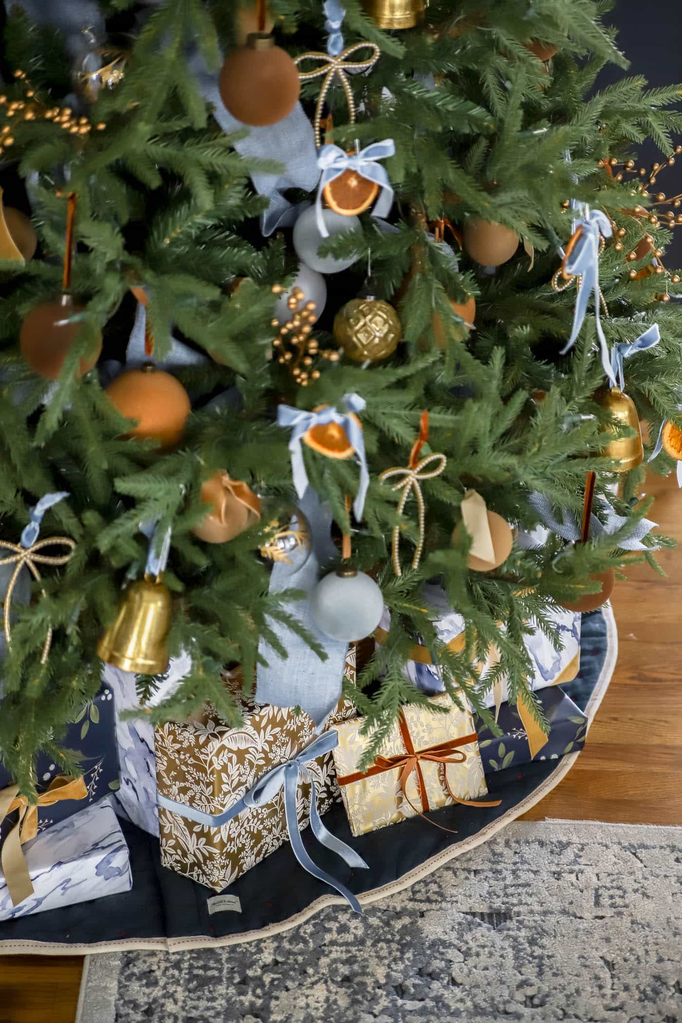 close up of blue, brown and orange Christmas tree