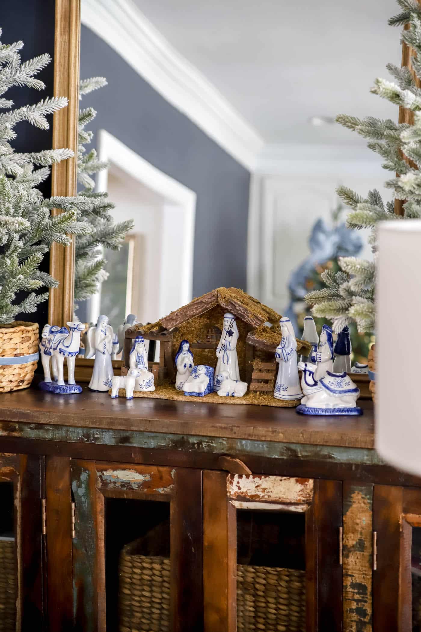 blue and white nativity scene