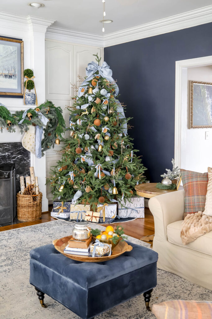 blue, brown and orange Christmas decor.