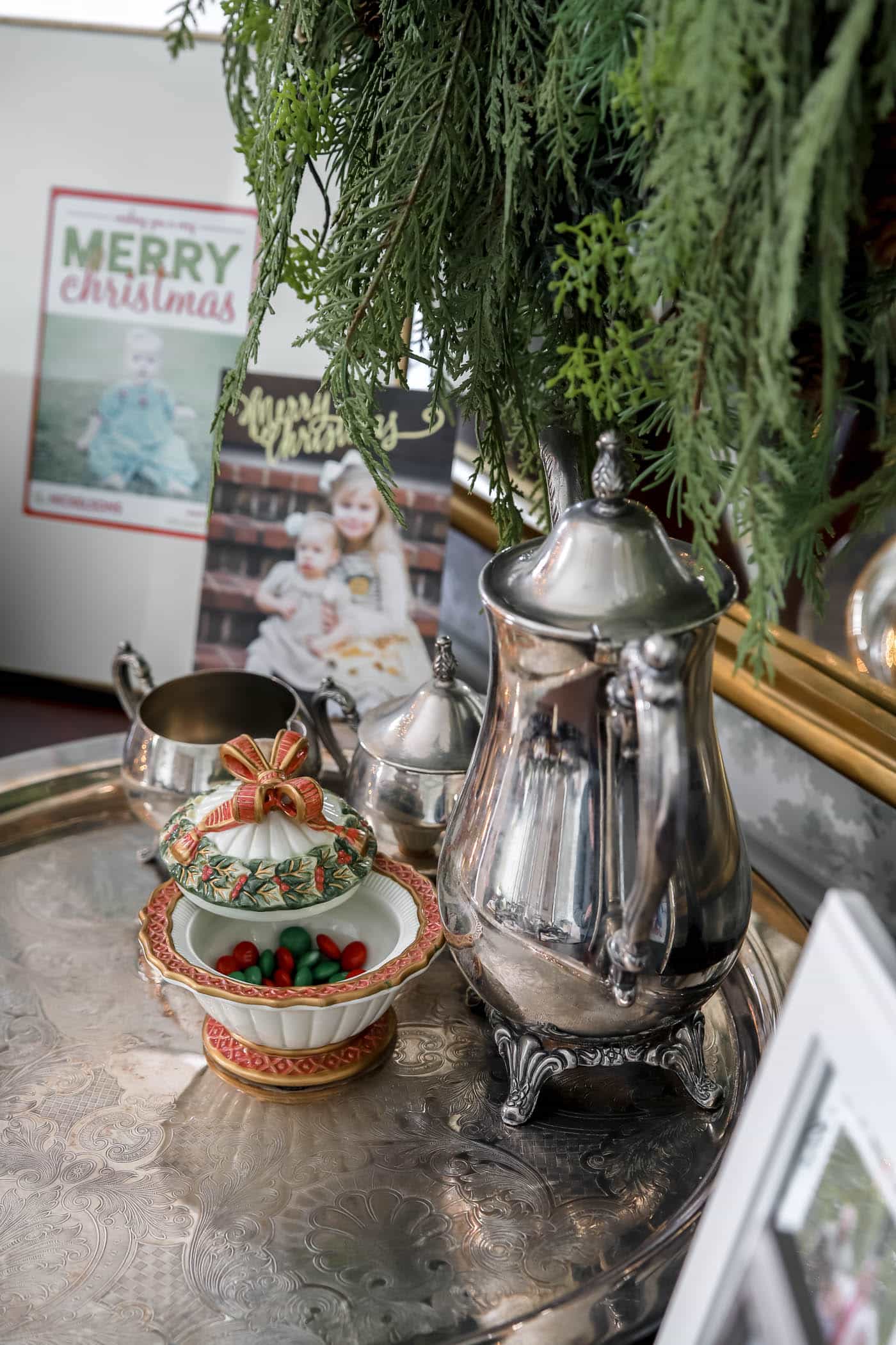 christmas candy jar with silver tea set and tray. 