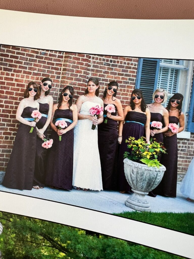 brown and blue bridesmaids dresses