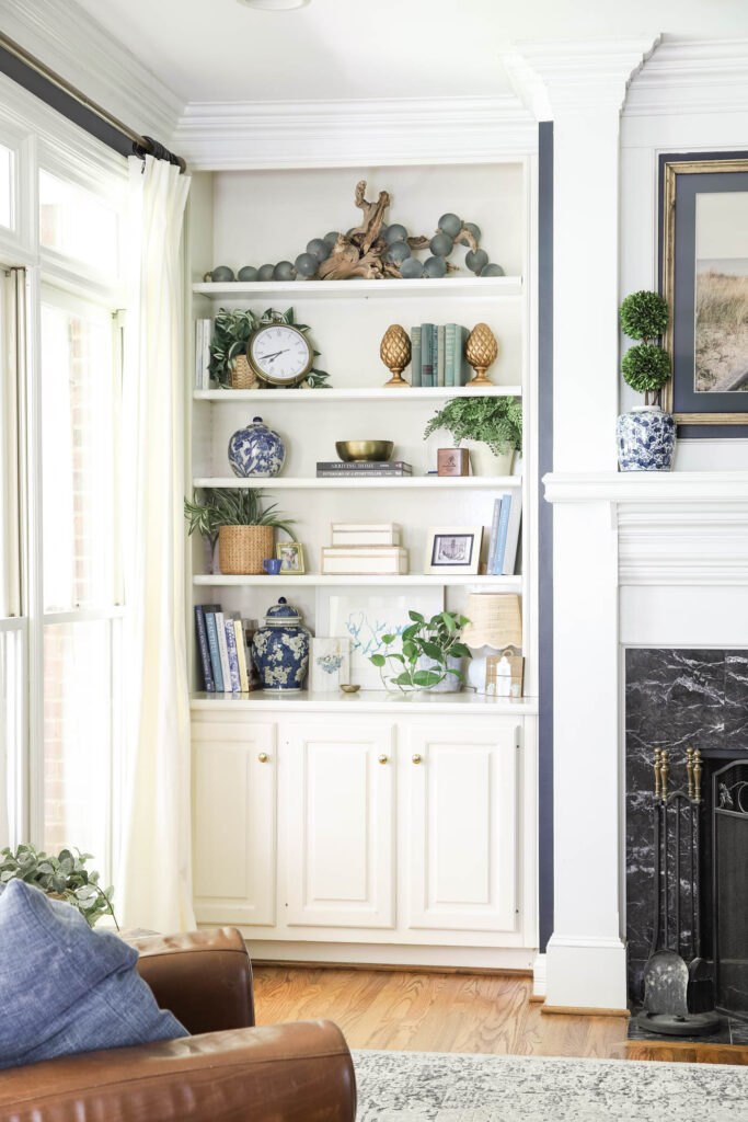 blue and white summer built-in bookshelves