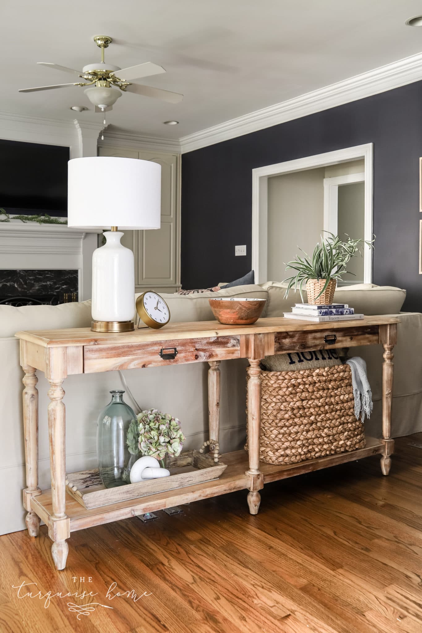 console table behind the sofa
