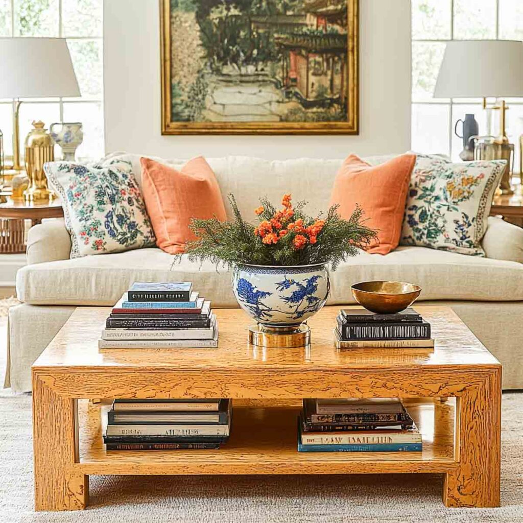 Create a sharp, clear photograph-like image showcasing a front view of a rectangular wood coffee table, positioned in front of a neutral-colored sofa. The room is decorated with colorful chinoiserie lamps and accessories, enhancing the scene. The coffee table is styled for fall: one stack of books supports a bowl filled with small pinecones, while another stack remains untopped. A large decorative bowl sits on the table, filled with a lush fall chrysanthemum. Also included in the vignette are a pair of brass candlesticks, adding a touch of elegance to the arrangement.