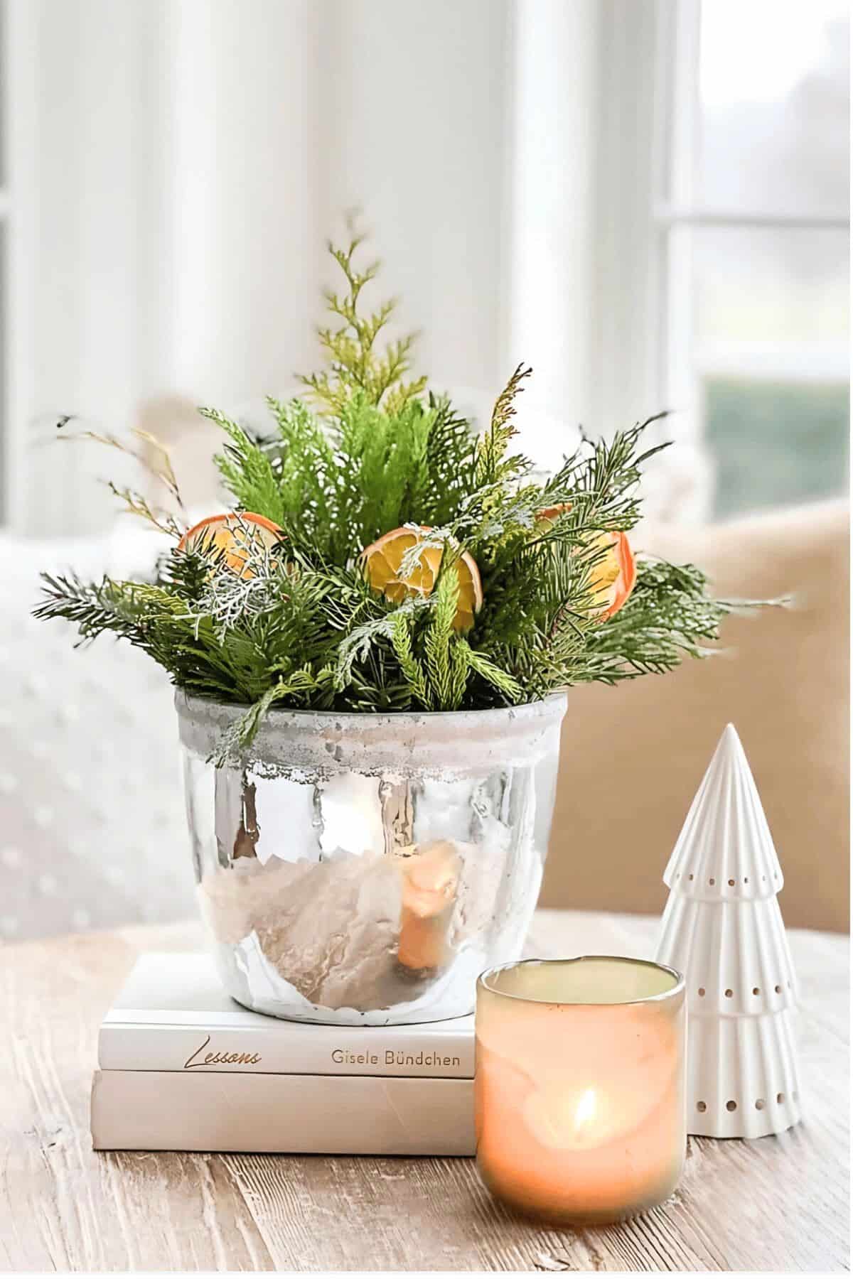 bucket of evergreen sprigs