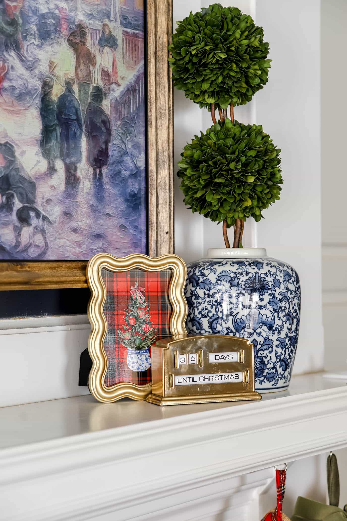 chinoiserie tree and classic plaid free Christmas printable in a wavy gold frame.