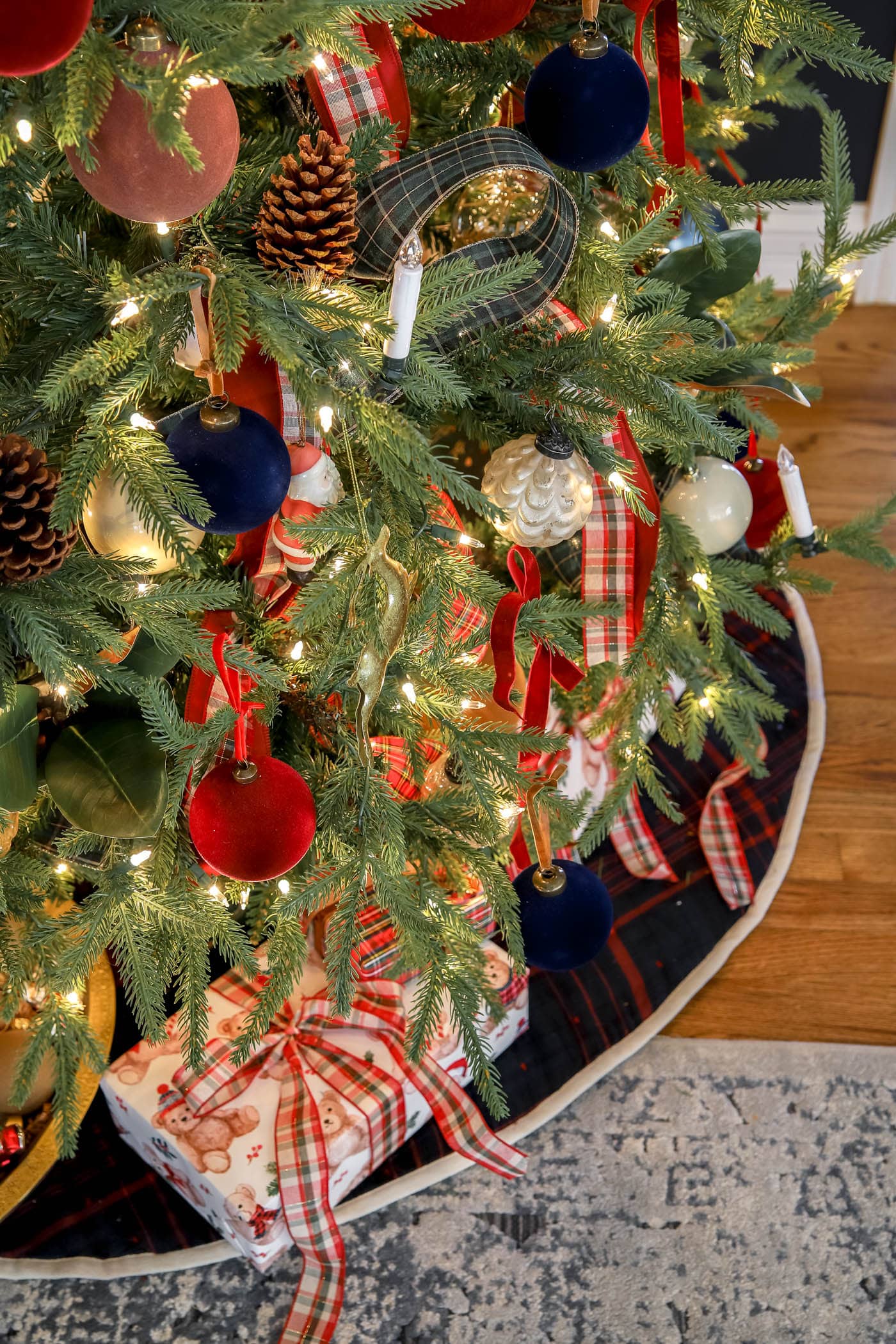 lots of tartan ribbon on a Ralph Lauren Christmas tree