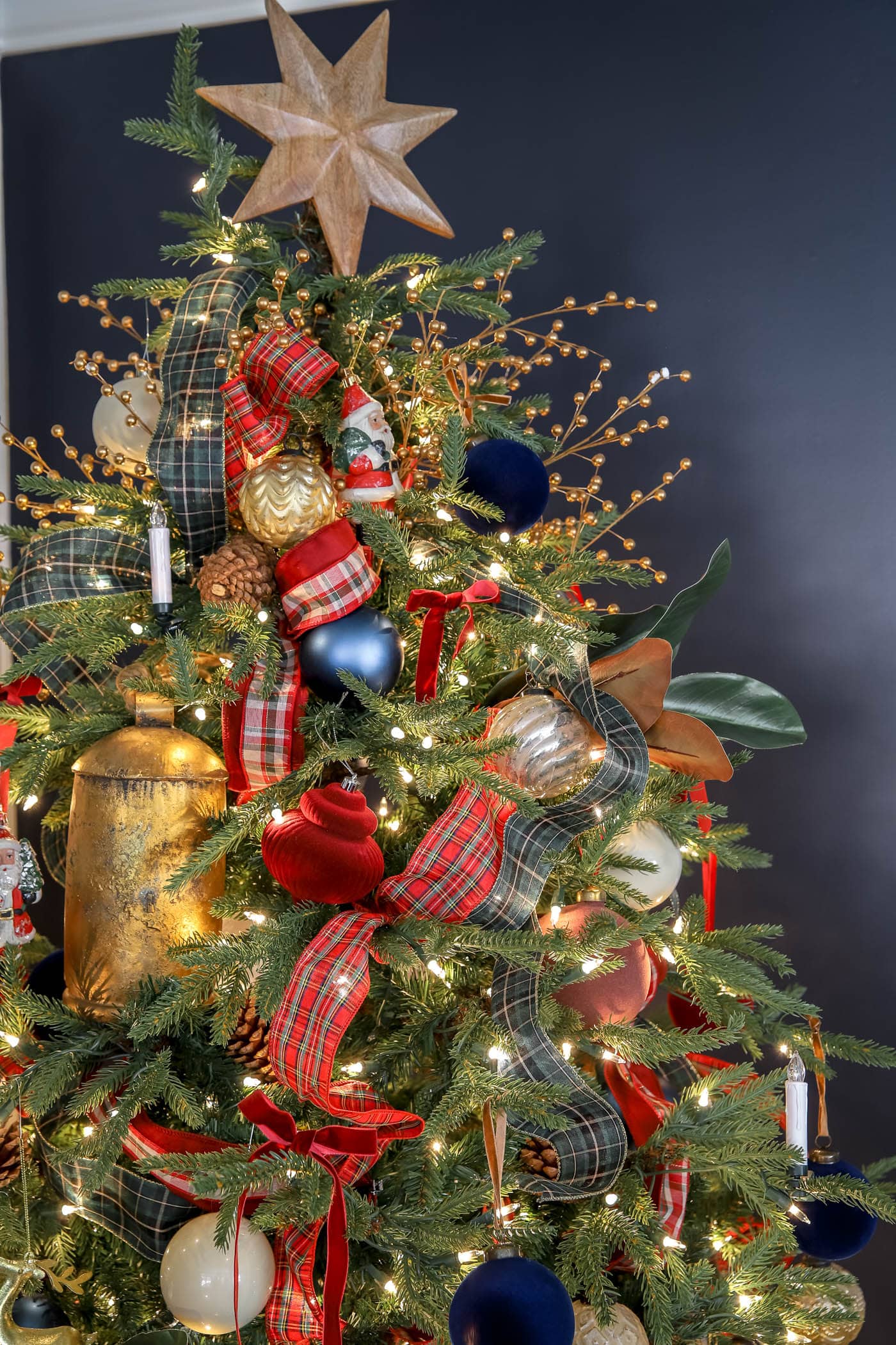 up close Christmas tree ornaments with traditional Ralph Lauren Christmas decor.