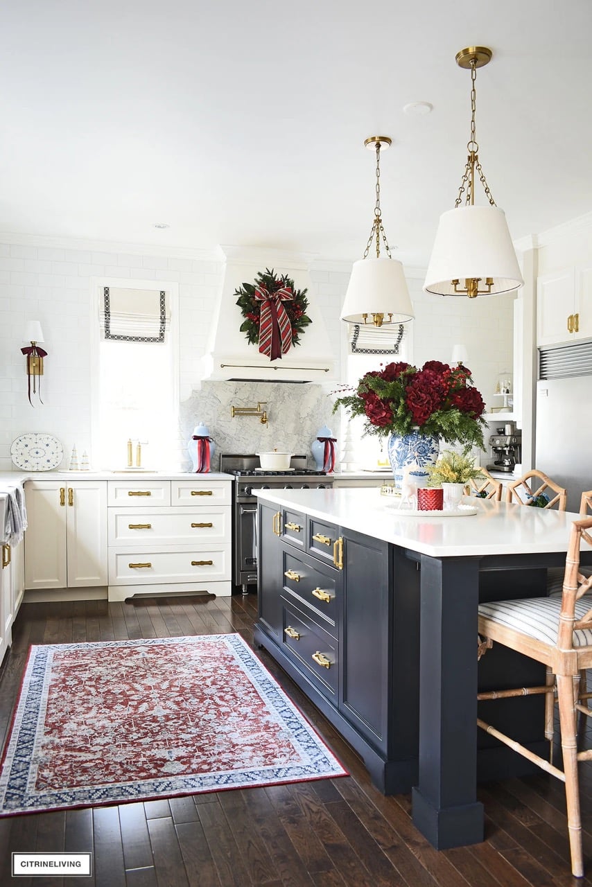traditional kitchen decorated for Christmas
