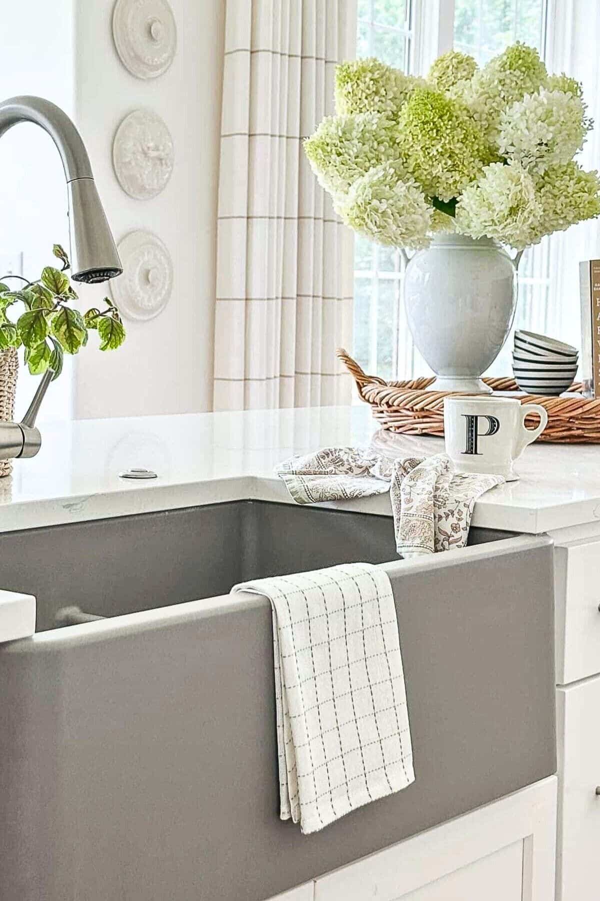 kitchen sink vignette with hydrangeas
