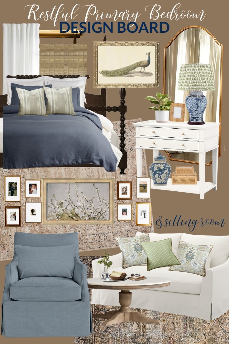 Primary bedroom design board with brown walls and blue and green accents.