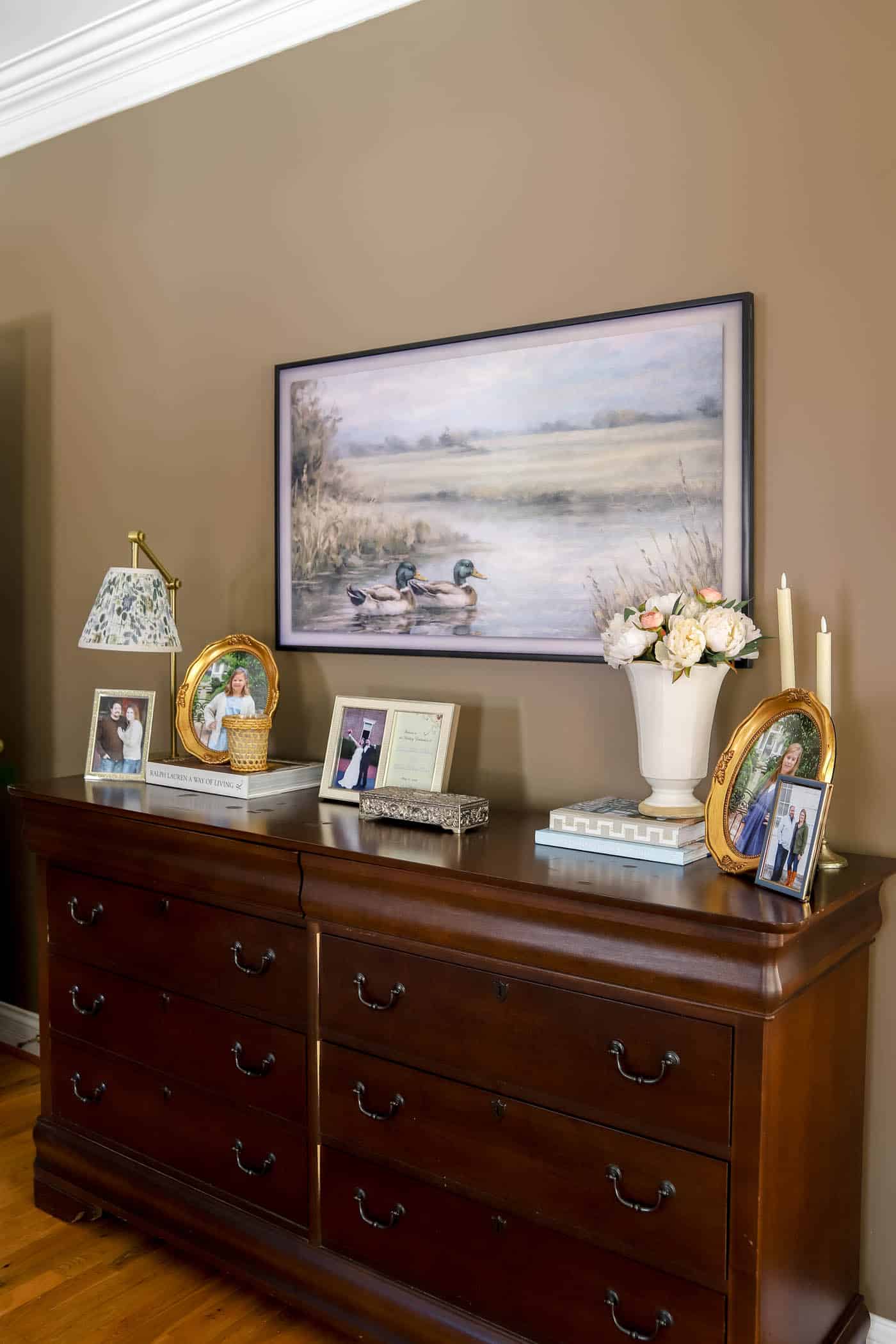 Frame TV in spring decor for the bedroom.