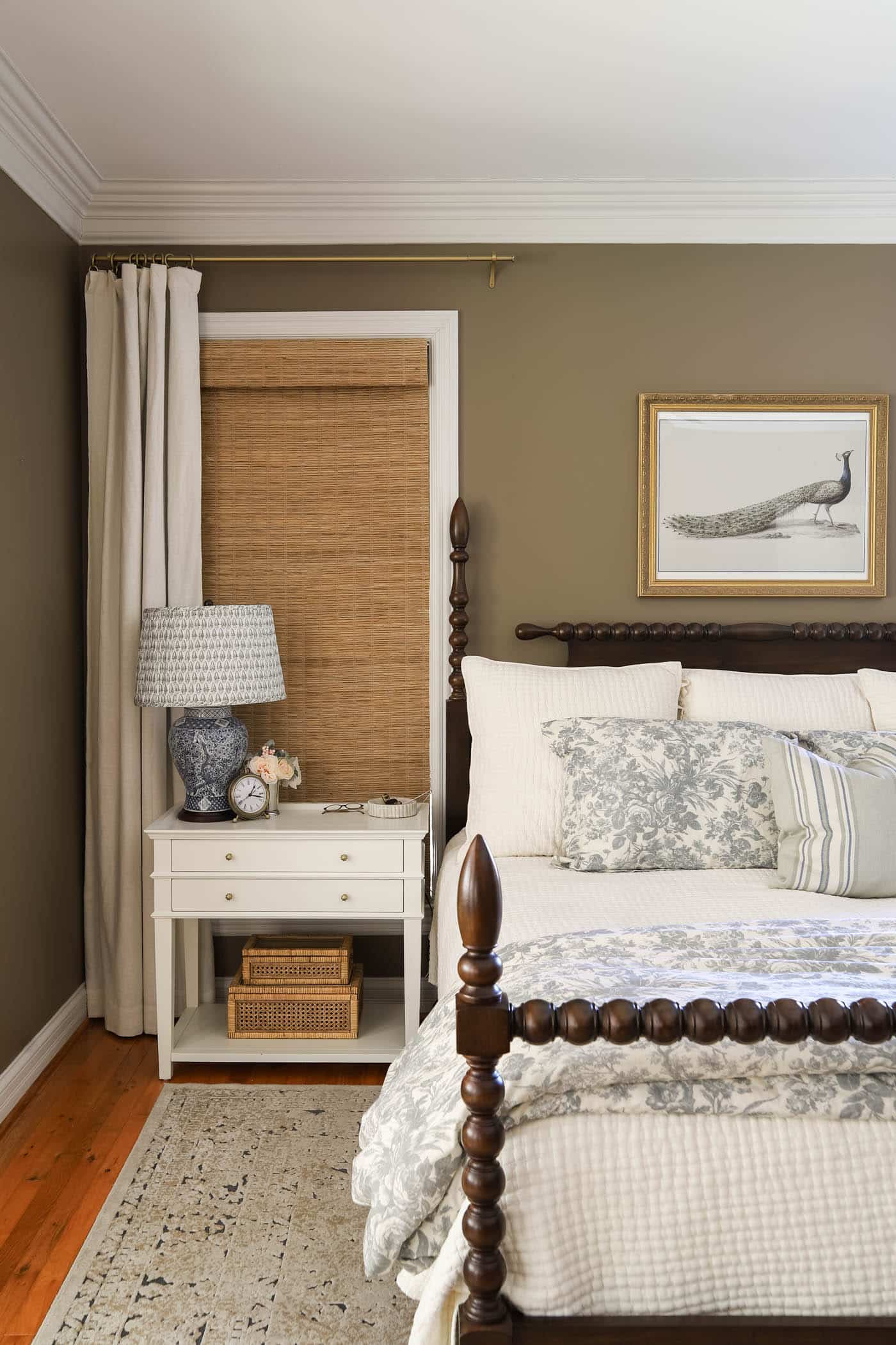 spring bedding and nightstand decor.