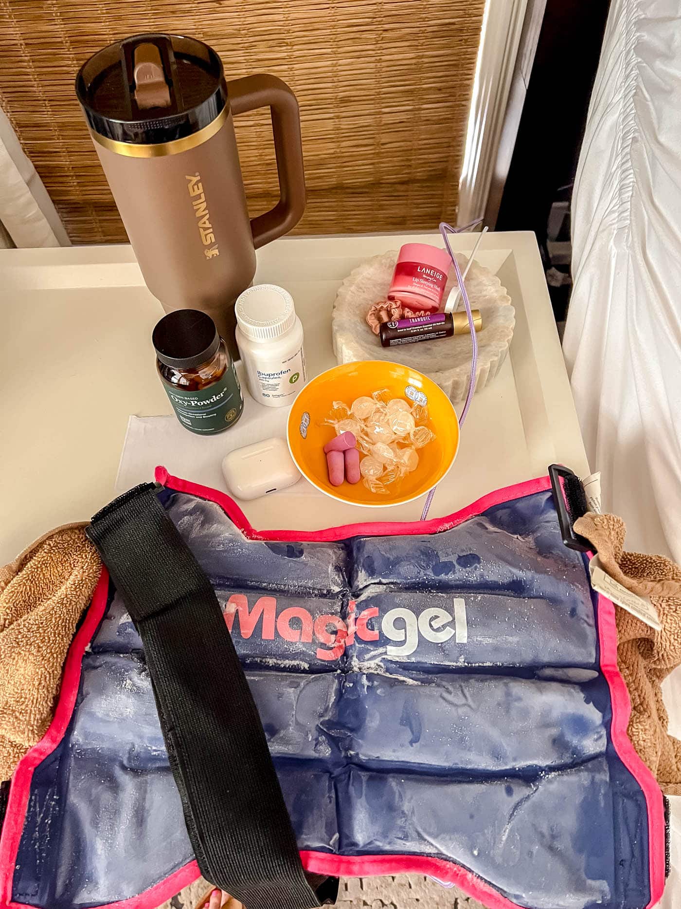 Post surgery recovery essentials on my night stand!