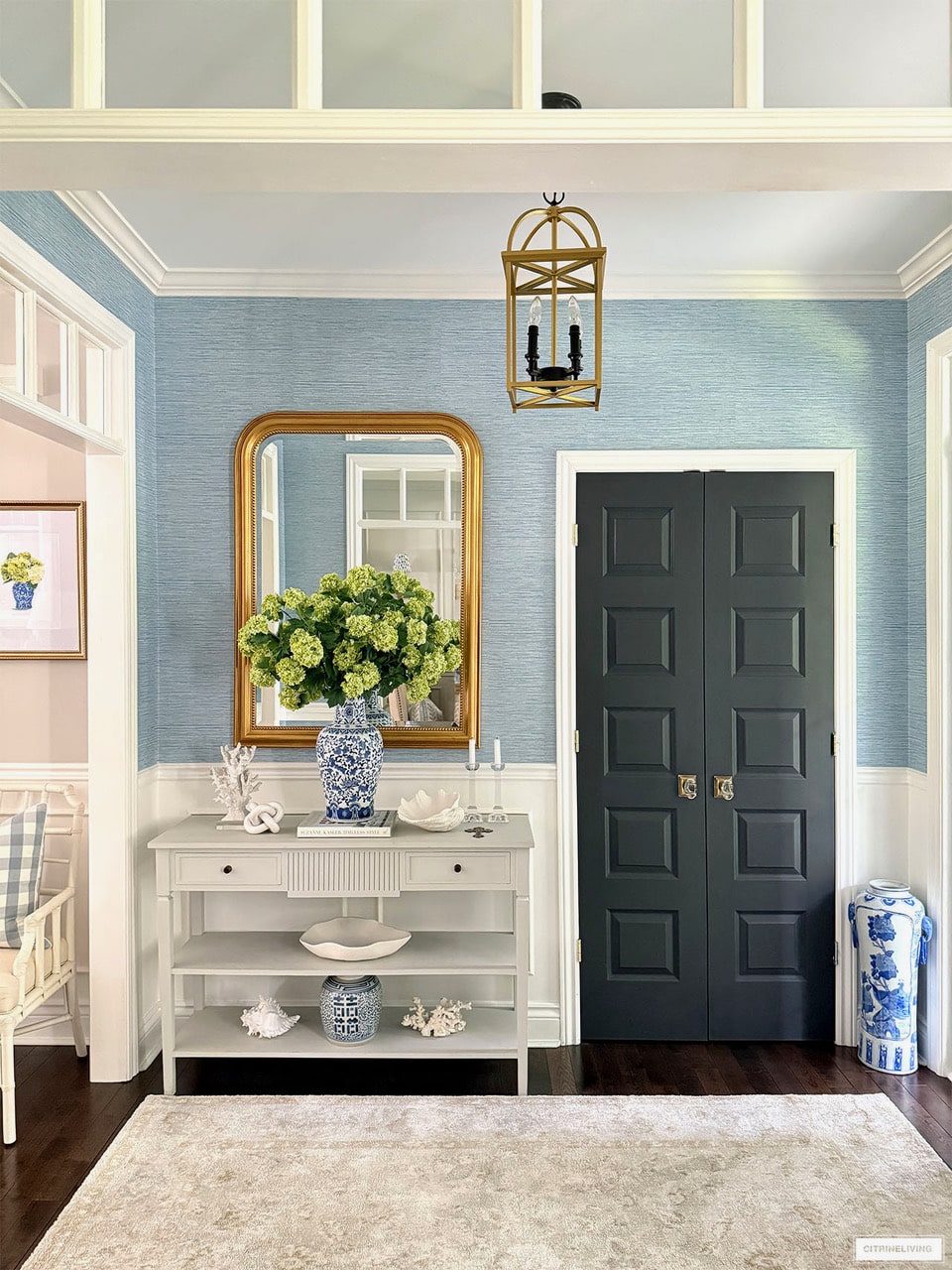 summer entry way with green hydrangeas
