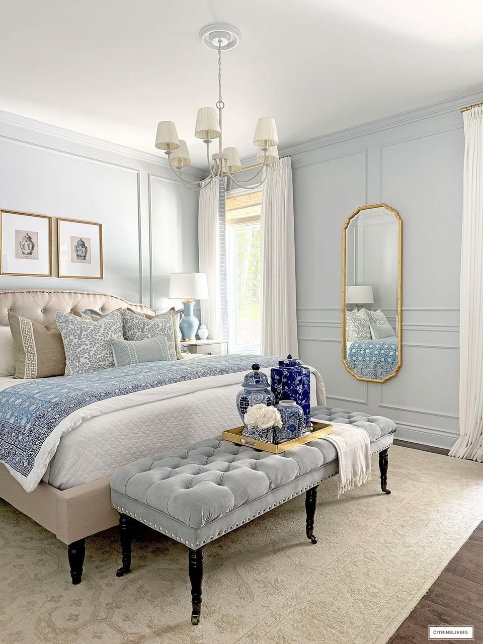 blue and white bedroom update
