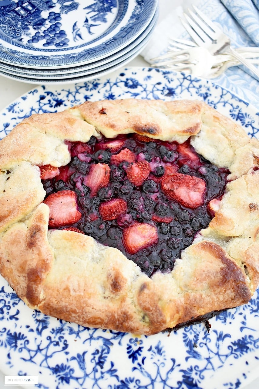 berry crostata on a blue and white plate
