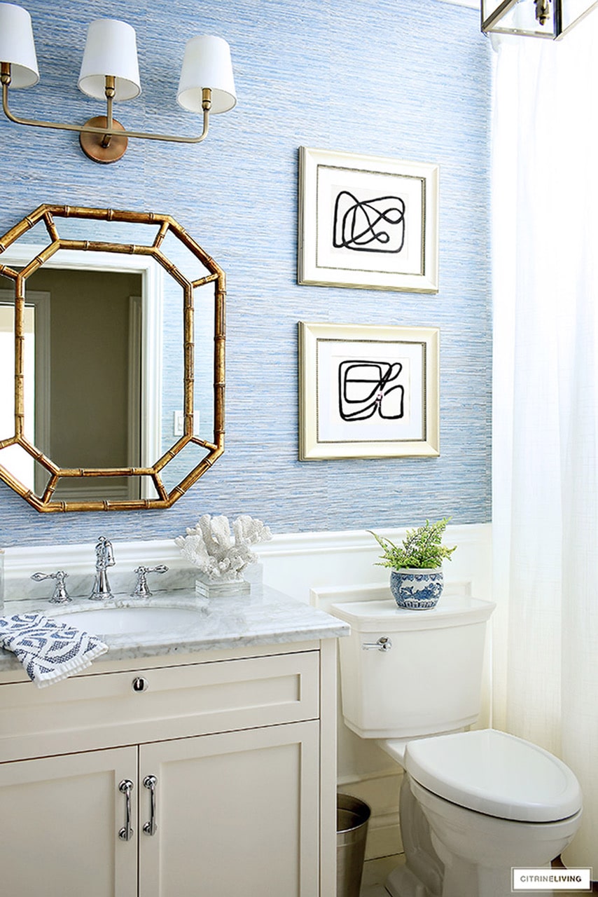 small blue and white bathroom