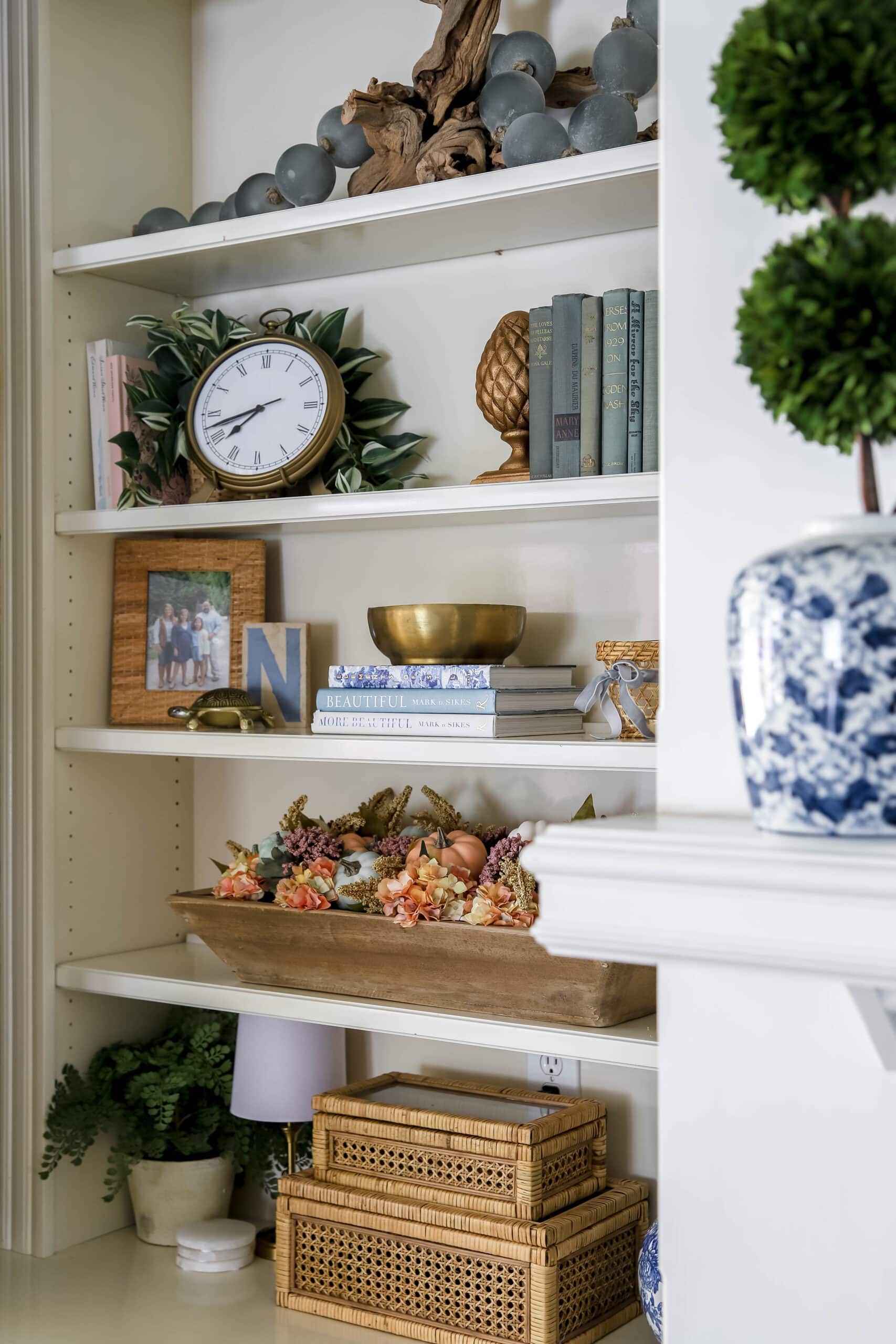 fall dough bowl on a bookshelf